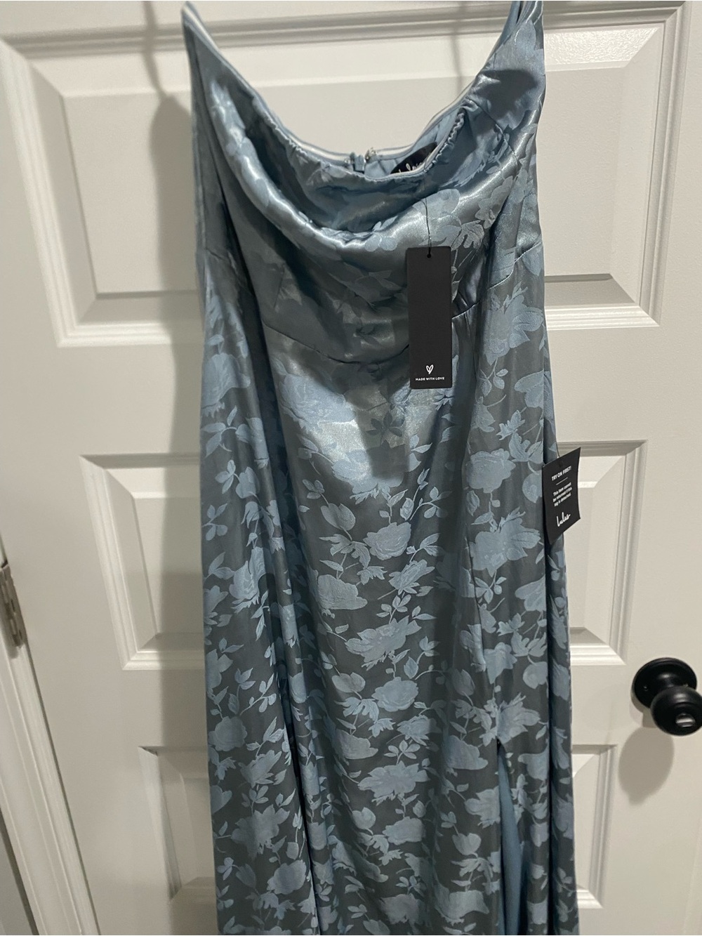LULUs Blue Floral Satin Draped Floor-Length Dress